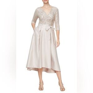 NWT Alex Evenings Sequin & Satin Midi Formal Dress in Taupe/Gold Size 10